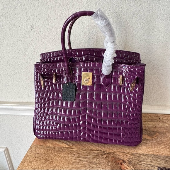LEATHER INSIDE & OUT Purple Arch Bead 30 BK High Gloss Croc 3D Emboss Satchel B1 - Picture 8 of 16